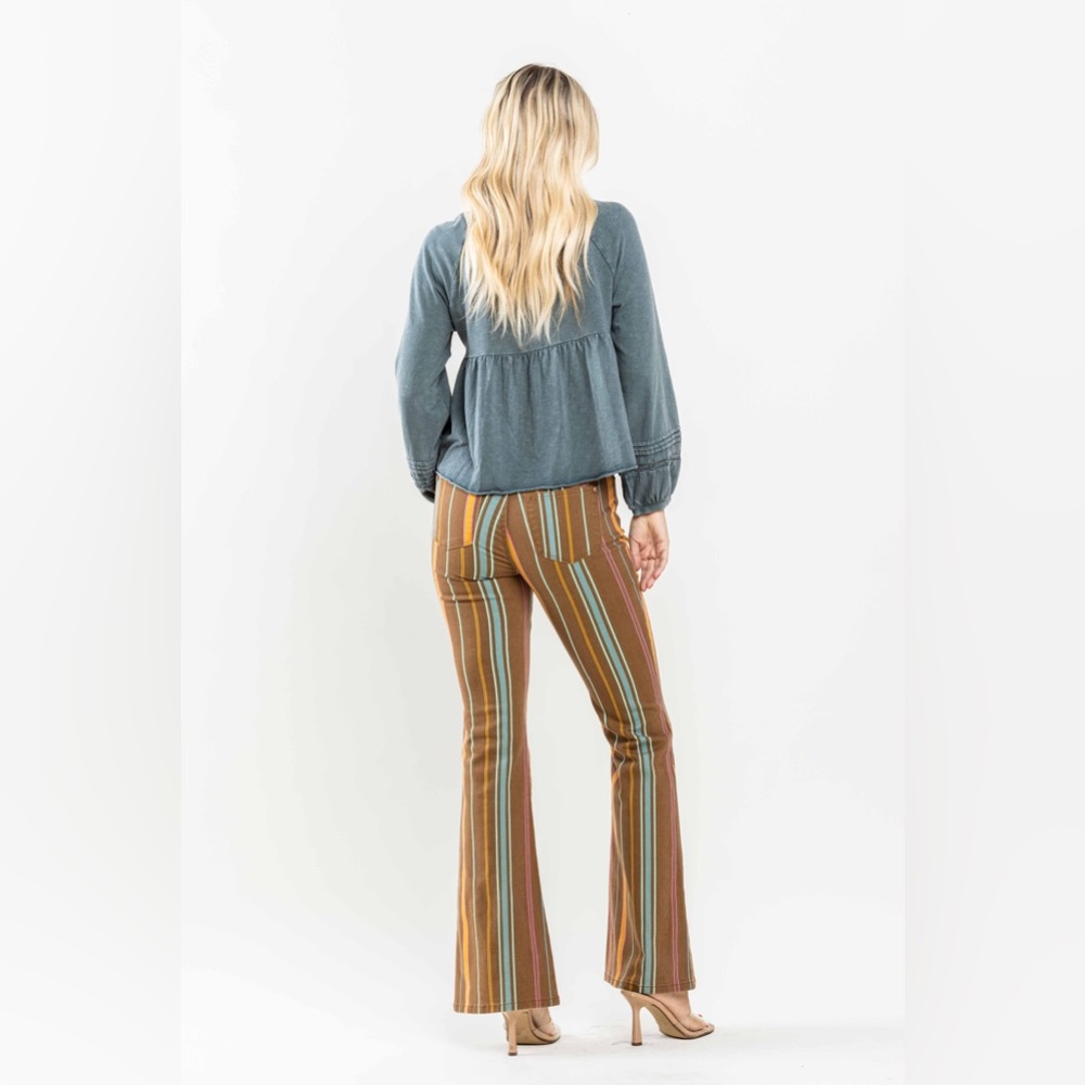 Judy Blue Brown Multi-Stripe Flare Jeans, Size 14 - Picture 3 of 9